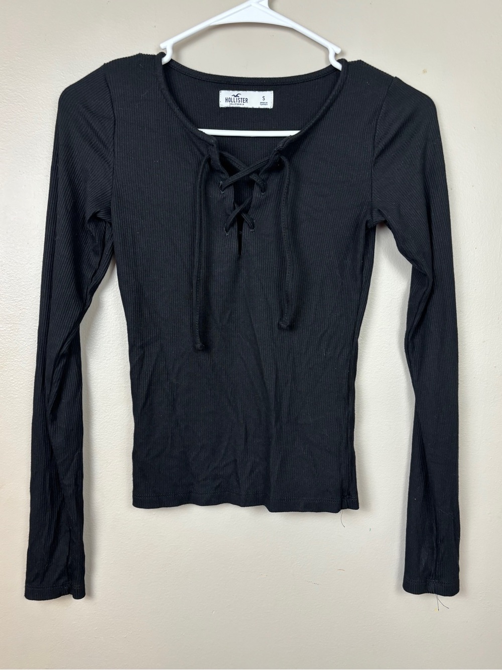 Hollister Black Ribbed Lace-Up Long Sleeve Top